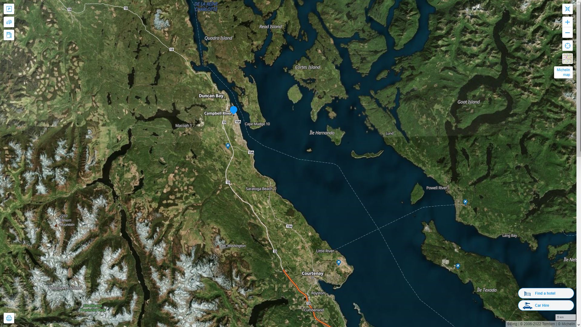 Campbell River Highway and Road Map with Satellite View